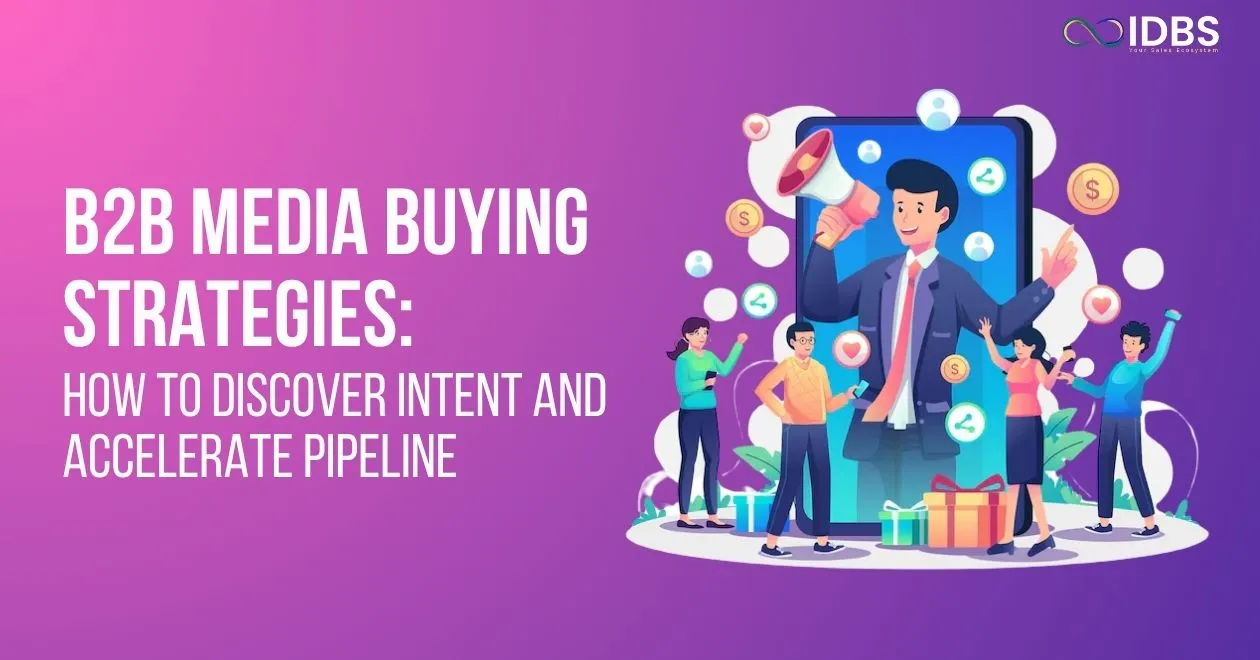 B2B Media Buying Strategies: Businessman with megaphone on smartphone, surrounded by people, money, and gifts.